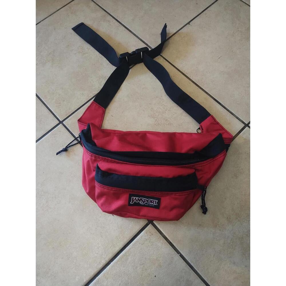 XL 90s‎ Jansport Red Fanny Pack Belt Bag Cross Made In USA 2 Pocket Adjustable